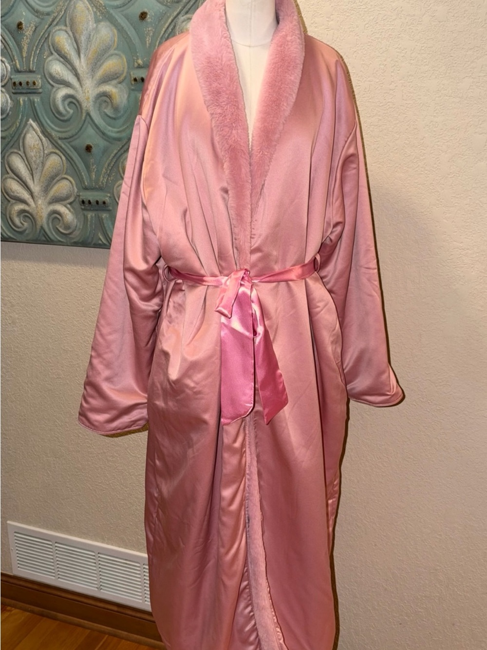 Minky Couture Pink Satin Faux Fur Long Robe M/L Luxury Plush Belted Duster